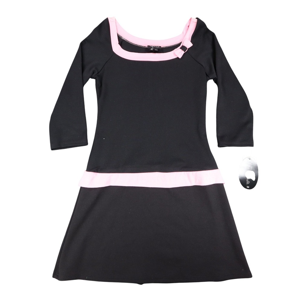 My Michelle Dress Medium Black Pink Bow 3/4 Sleeve Y2K Drop Waist NWT USA Made